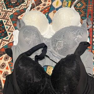 Lace Push-Up Bra Trio — Black, Gray & Cream